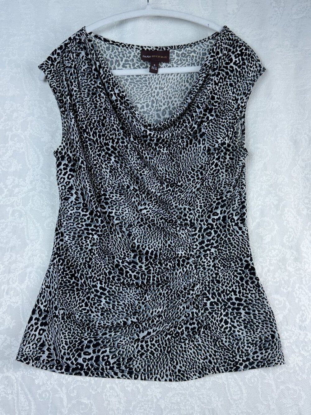 Dana Buchman Women's Small Leopard Print Top Gray Black Cowl Neck Short Sleeve